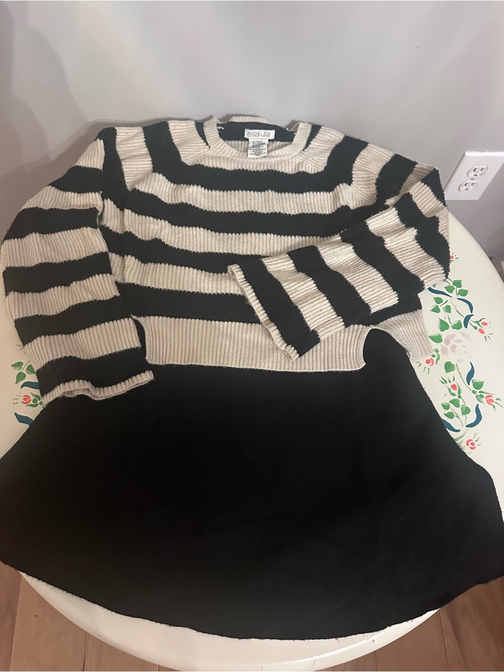 Rachel Zoe Black and Cream Striped Crewneck Sweater & black skirt